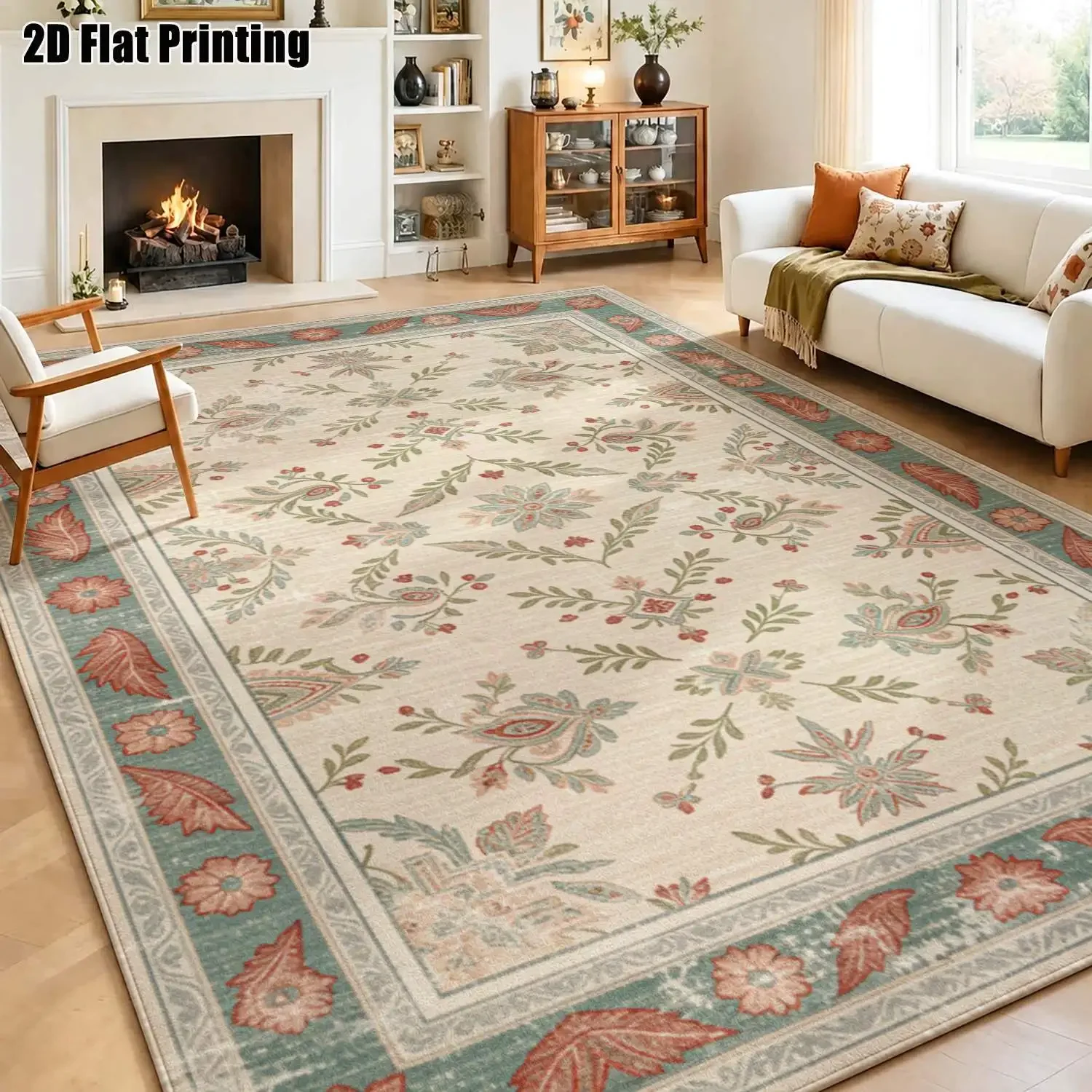 1Pc 2D Printed Beige Floral Carpet: European, Vintage, Bohemian Style, Home Decor, Multi-Size, Machine-Washable, for Entrance, D