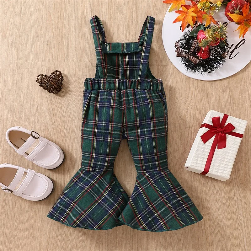 

Girls Vintage Plaid Suspender Pants Stylish Elastic Waist Flare Trousers for Everyday Wear and Playful Adventures