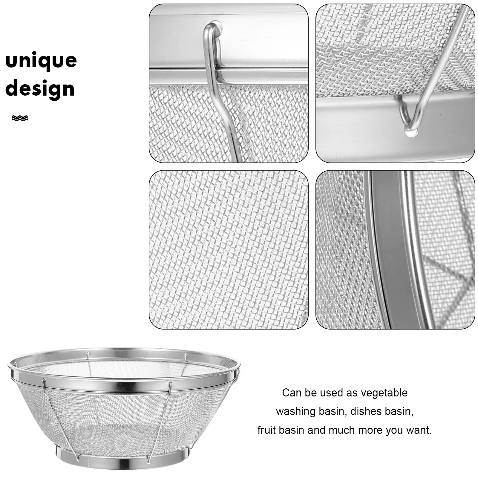 

1pc Vegetable Washing Basket Stainless Steel Fine Mesh Strainer For Rice Fruit Drain Kitchen Colander Bowl Household
