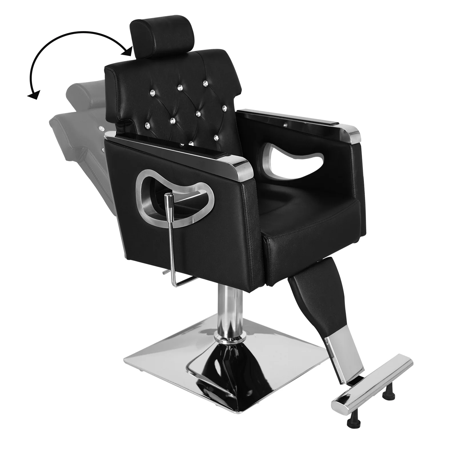 PVC Leather Cover Inlay Diamond Galvanized Square Tray with Footrest Retractable Barber Chair 300.00Lbs Black[US-Stock]