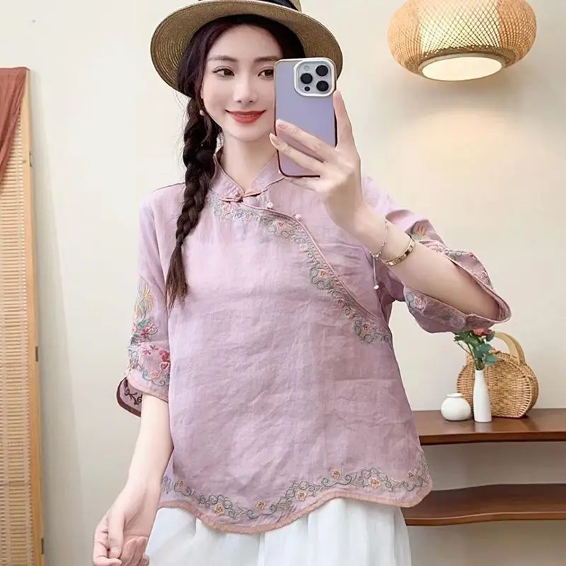 Women Chinese Style Vintage Embroidery Blouses Stand Collar Seven Quarter Sleeve Loose Shirts Summer Cotton Linen Irregular Tops