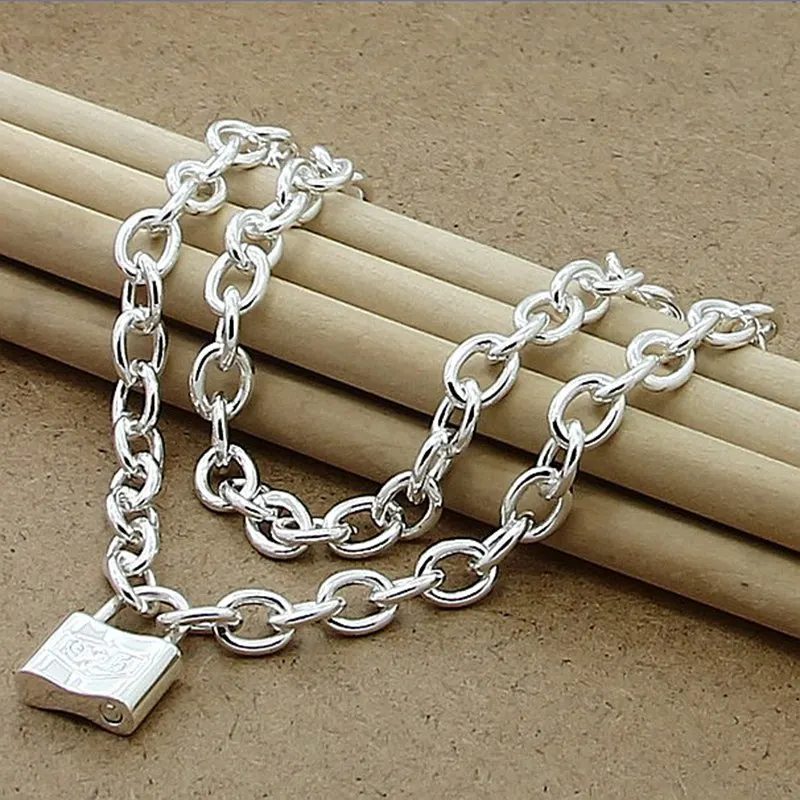 

925 Sterling Silver Square Lock Pendant Necklaces 18 Inches Chain For Women Lovers Wedding Party Jewelry