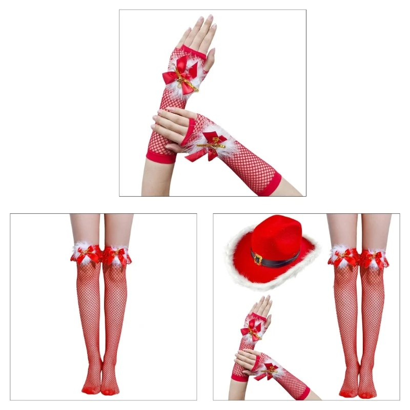 

Cowboy Santa Hat with Wrist Gloves Mesh Stocking Set for Role Playing