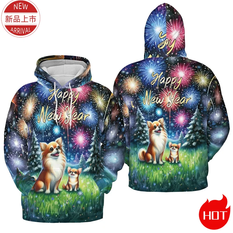 2025 Happy New Year 3D Print Hoodies Firework Cute Pull Terrier Corgi Graphic Hooded Hoody Fashion Streetwear Mens Clothing Tops