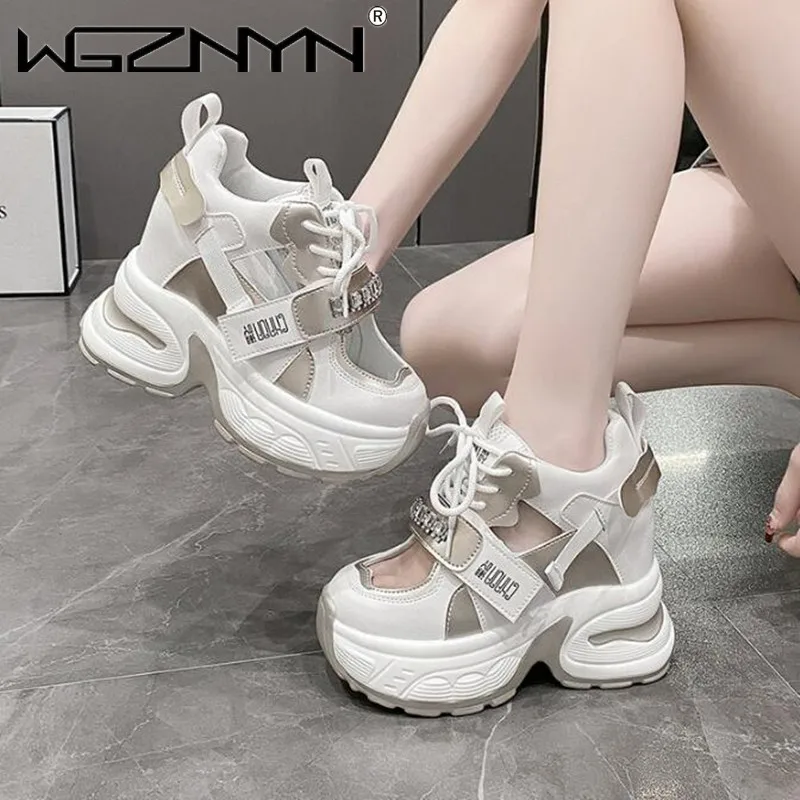 Women Walking Sneakers 2024 Summer Autumn Lace-up High Platform Chunky Shoes Breathable Leather Shoes Wedge Heels Casual Shoes