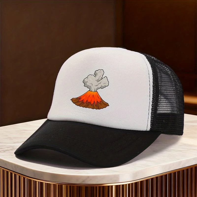 Volcano Eruption Cartoon Graphic Trucker Hat Unisex Polyester Mesh Snapback Cap for Outdoor Casual Travel