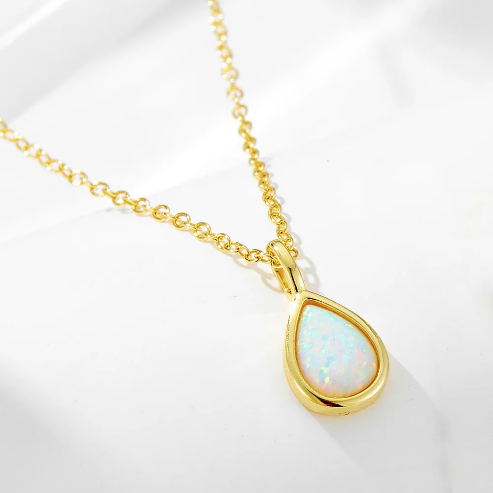 

S925 Sterling silver geometric pear-shaped Opal necklace Light luxury ins advanced sense simple drop pendant clavicle chain