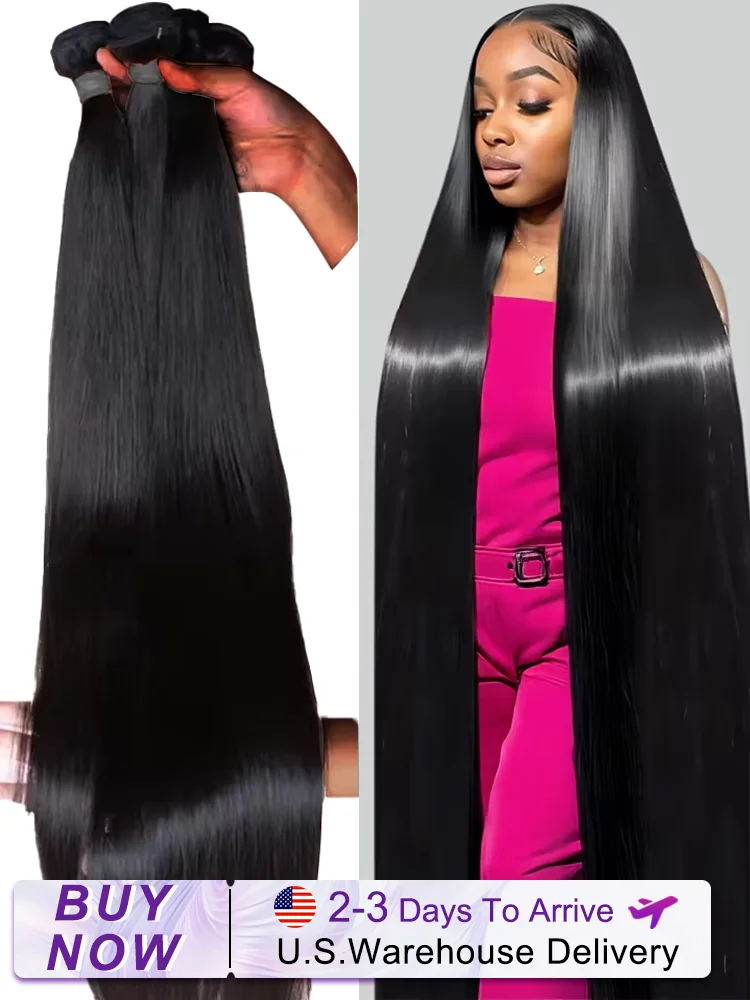 16a pacotes retos de cabelo humano 30 36 Polegada 3/5 pacote de cabelo humano cor natural extensões remy brasileiras trama dupla tecer cabelo