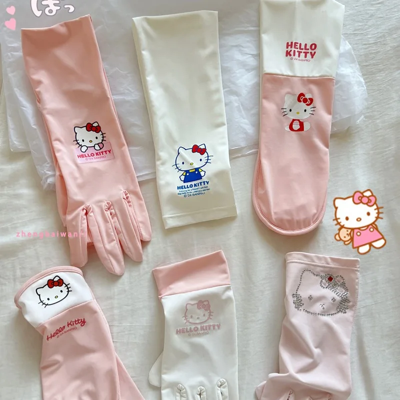 Hello Kitty Summer Sunscreen Ice Silk Anti-slip Gloves Women's Cute Full Finger Thin Driving Anti-uv Outdoor Protective Gloves