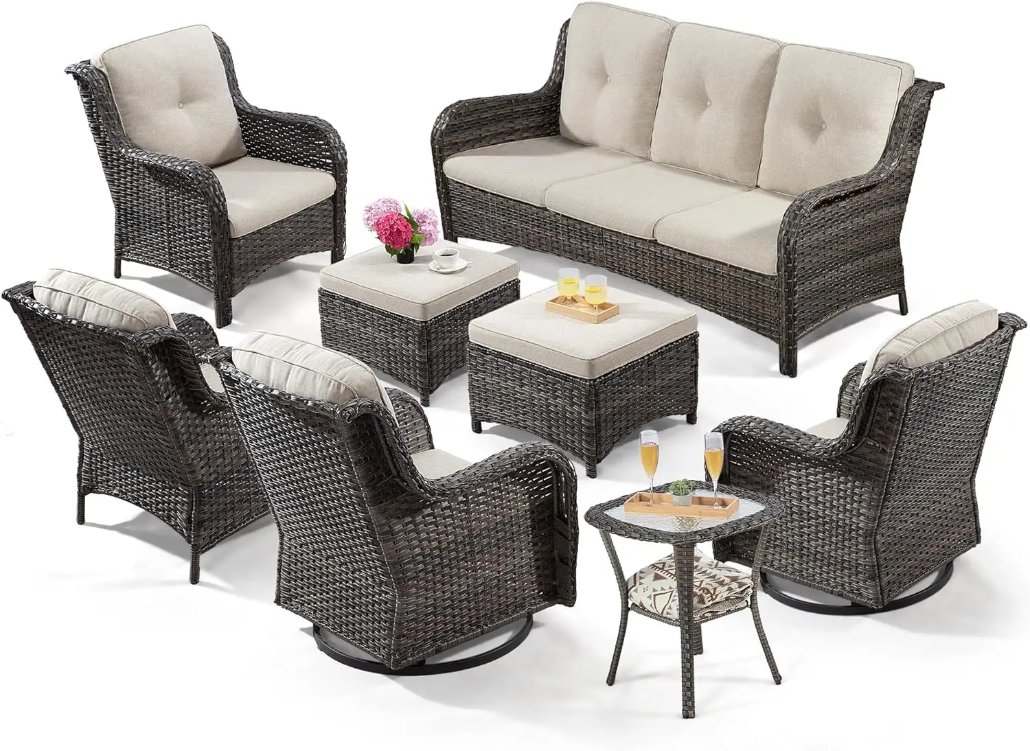 

Outdoor Wicker Patio Sectional Conversation Set,8pcs Set w/3-Seat Sofa,Swivel Rocking Armchairs,Ottoman & Side Table, Beige