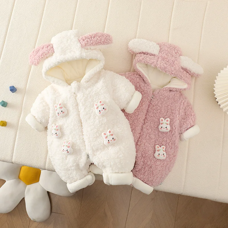 Newborn Baby Winter Fleece Jumpsuit Bunny Ear Hooded Thick Lined Romper Infant Girls Zipper Lamb Wool Snowsuit