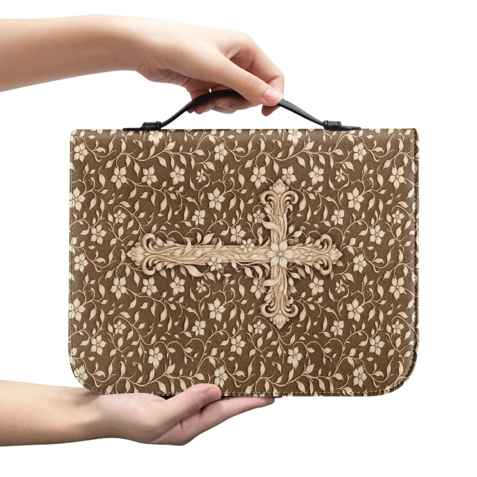 XIXIRIMIDO Floral Cross New Design Bible Protector PU Leather Practical Bible Covers for Church, Carrying Case with Handle