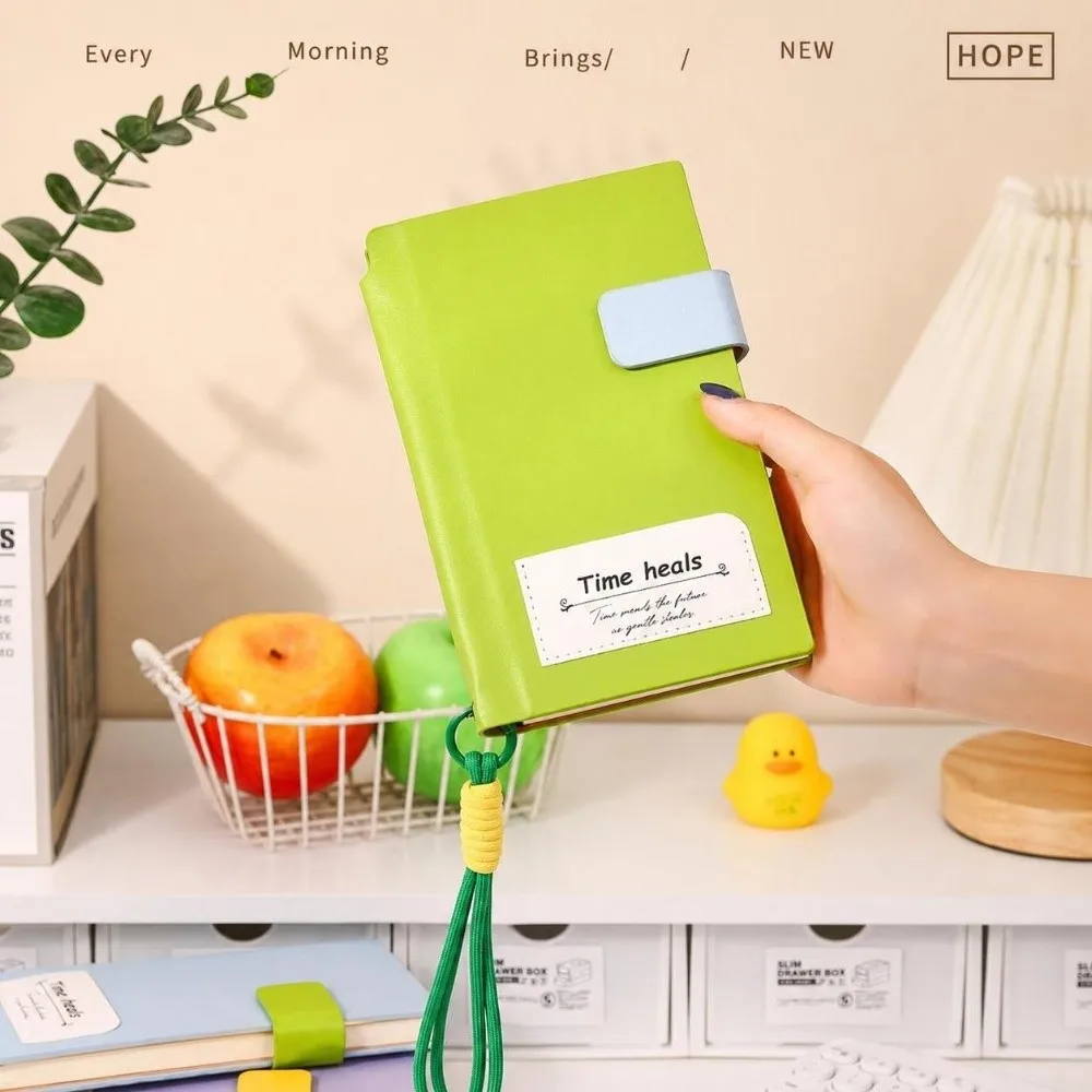 Cute A6 Notebook Color-blocking with Lanyard Lined Notebook Snap Button Closure Lined Paper Pocket Memo Book Travel Daily Using