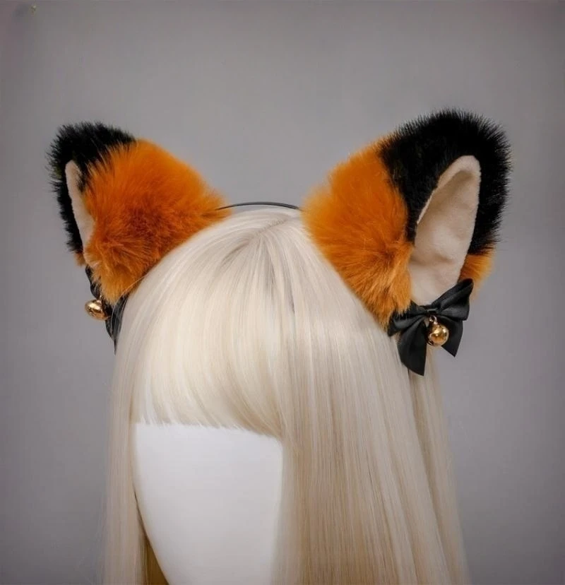 

Faux Fur Fox Cat Ear Headband with Bow Bell, Animal Cosplay Halloween Masquerade Party Headwear Lolita Hair Accessories