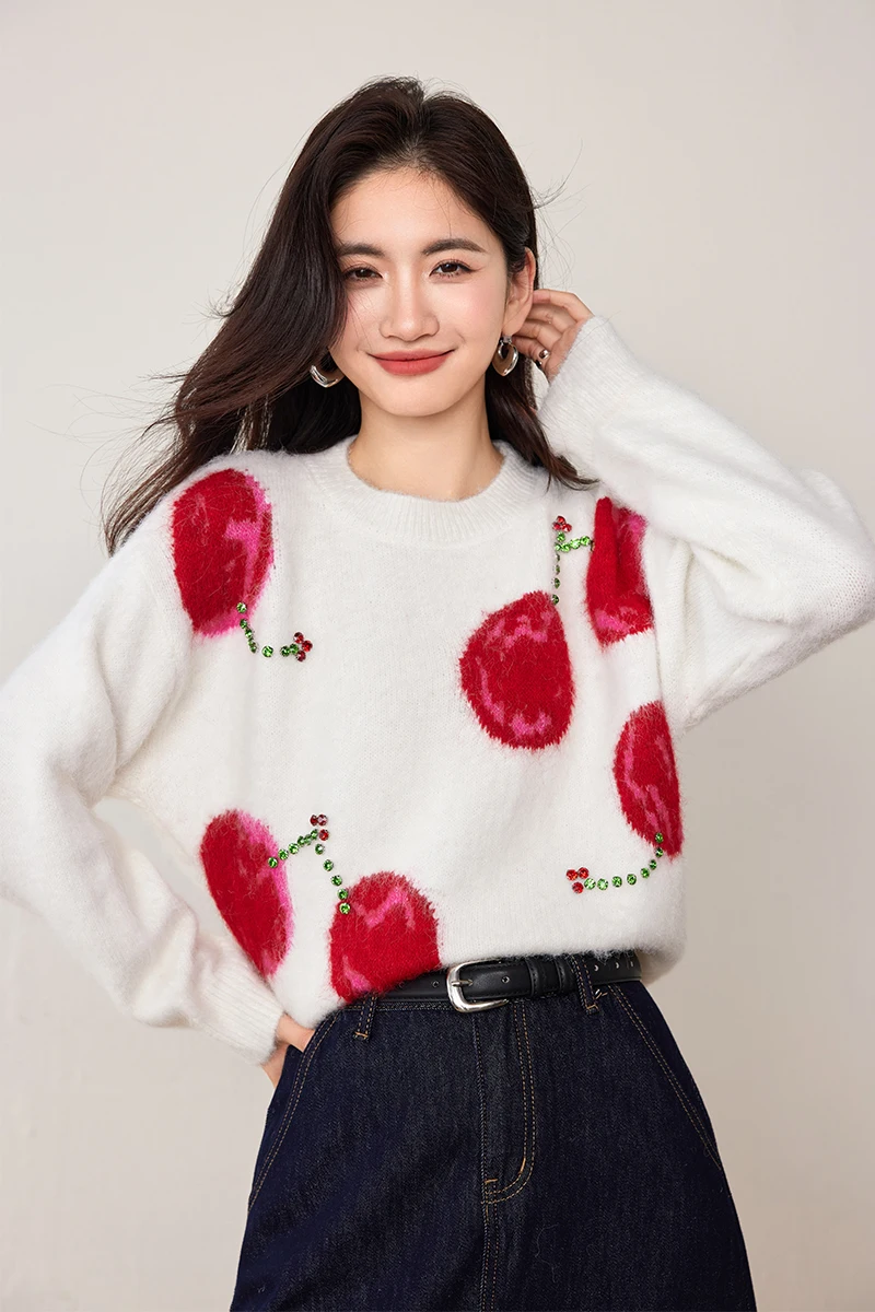 

Women's Cherry-Colored Rhinestones Knitted Pullover Sweater Korean Chic Lazy Style Casual Long Sleeve Warm Fall Winter Knitwear