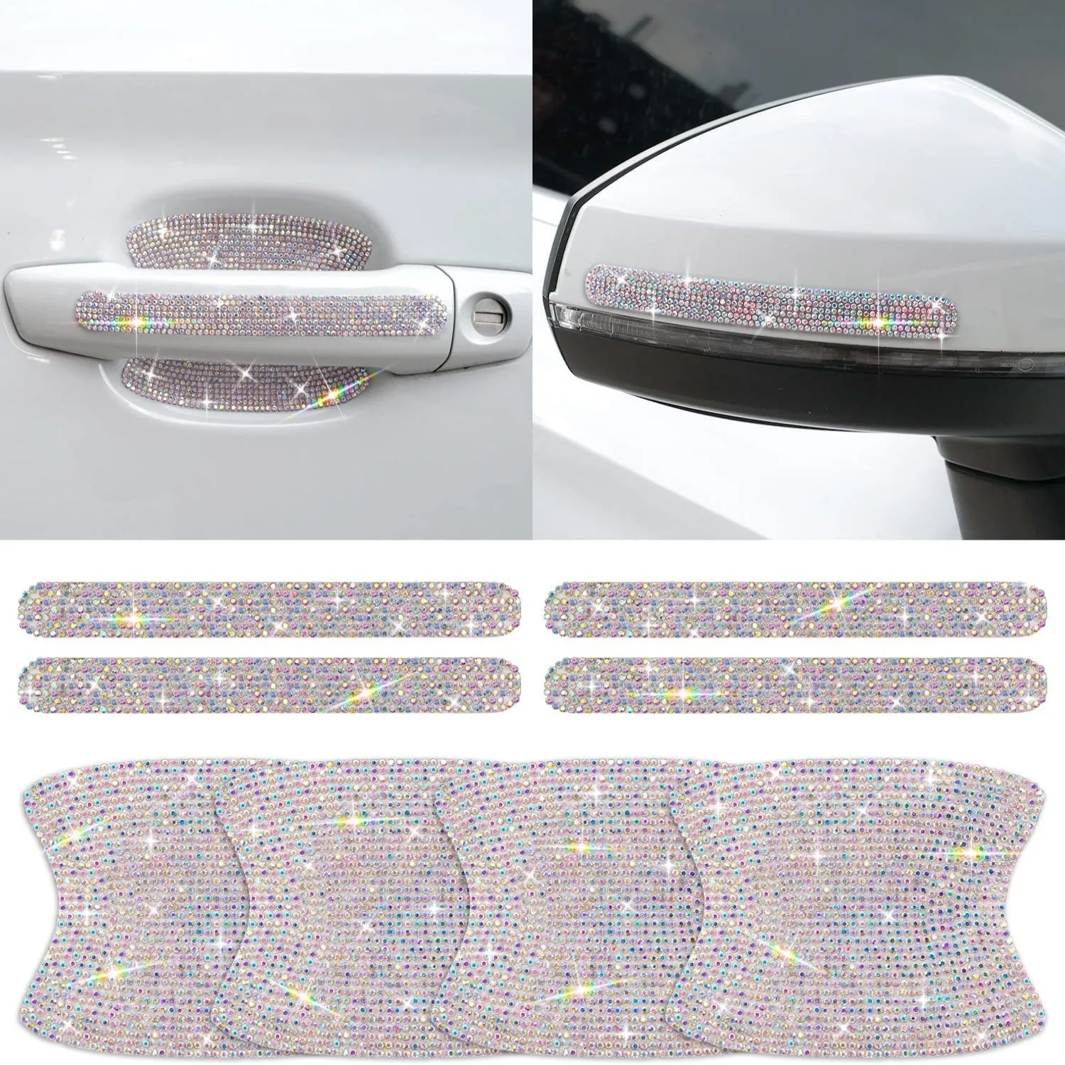 8Pcs Rhinestone Car Door Bowl Anti-scratch Reflective Stickers Door Bowl Handle Protection Sticker Anti-scratch Protection Strip