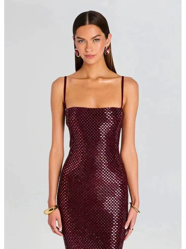 Robe longue à bandes pour femmes, Sexy, col carré, écharpe, strass, sans manches, diamants brillants, moulante, soirée, Cocktail