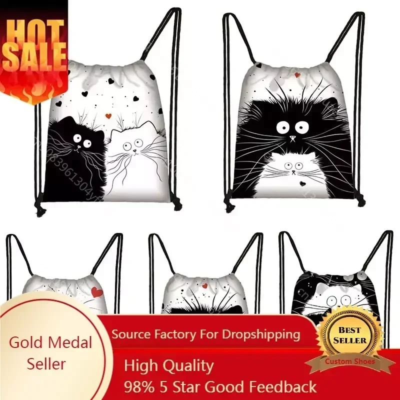 Cute Cartoon Anime Cat Pattern Drawstring Bag Women Fashion Storage Bag Shopping Bag Teenager Girls Bookbag Kawaii  Backpack