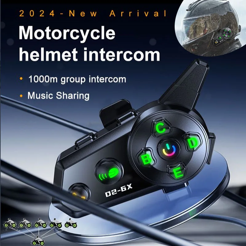 

Bluetooth5.3 D2-6X Motorcycle Helmet Intercom Headset 1000M Wireless Interphone Music Share Waterproof Communicator for 6 Riders