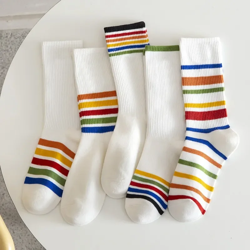 1/2pairs Rainbow Striped Cotton Socks Autumn Winter Warm Medium Tube Sock Women Sport Sox Sweat Absorbing Breathable Stocking