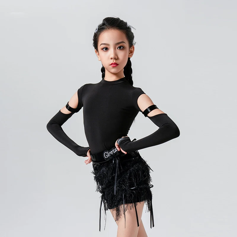 2024 Latin Dance Practice Costume Girl's Black Long Sleeve Tops Tassel Skirt Set Samba Performance Clothes Stage Costume XH1596