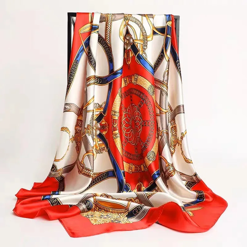 Pañuelos para el pelo, bufanda de seda de 90x90cm con estampado satinado, bufandas de seda cuadradas grandes, chales para mujer, diadema Hijab de diseñador de marca de lujo