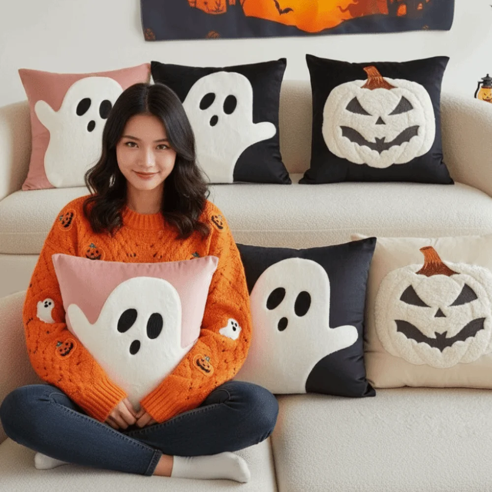 Soft Plush Pumpkin Pillow Case Square Shape Cute Embroidery Embroidered Pillowcase Hidden Zipper Orange Ghost Cushion Shell