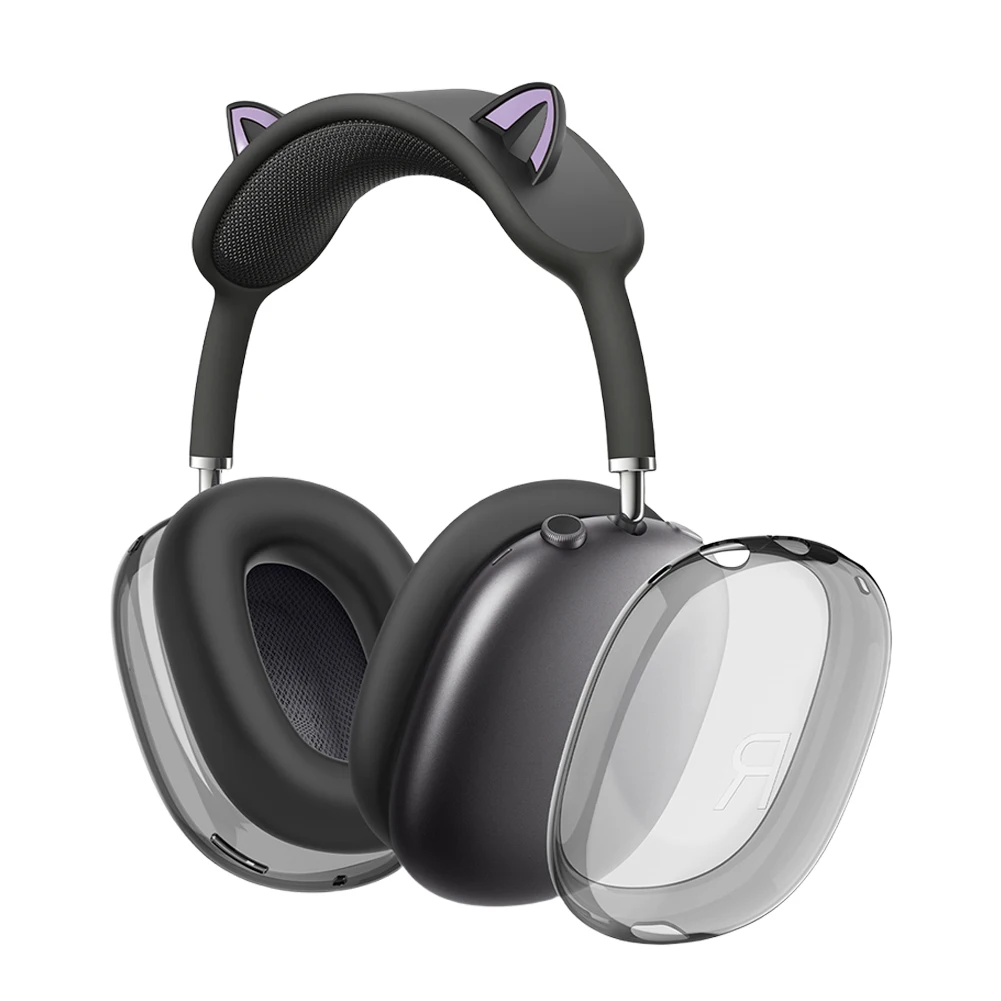 เคสซิลิโคนใส + TPU แบบ 3 in 1 ลายหูแมว พร้อมแผ่นรองหูฟัง/ฝาครอบหูฟัง/ฝาครอบที่คาดศีรษะ สำหรับ AirPods Max