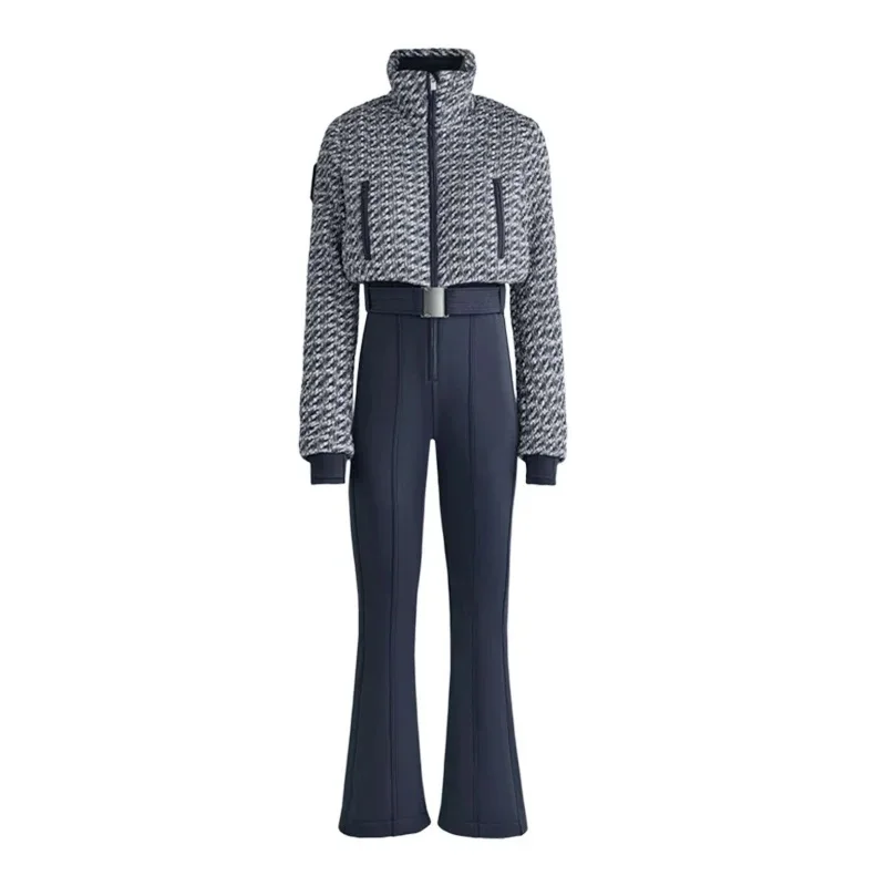 2026 Women's Elegant High Waist Thicken Ski Long Sports Jumpsuit Female Stand Collar Zipper Belt Romper Warm Waterproof Rompers