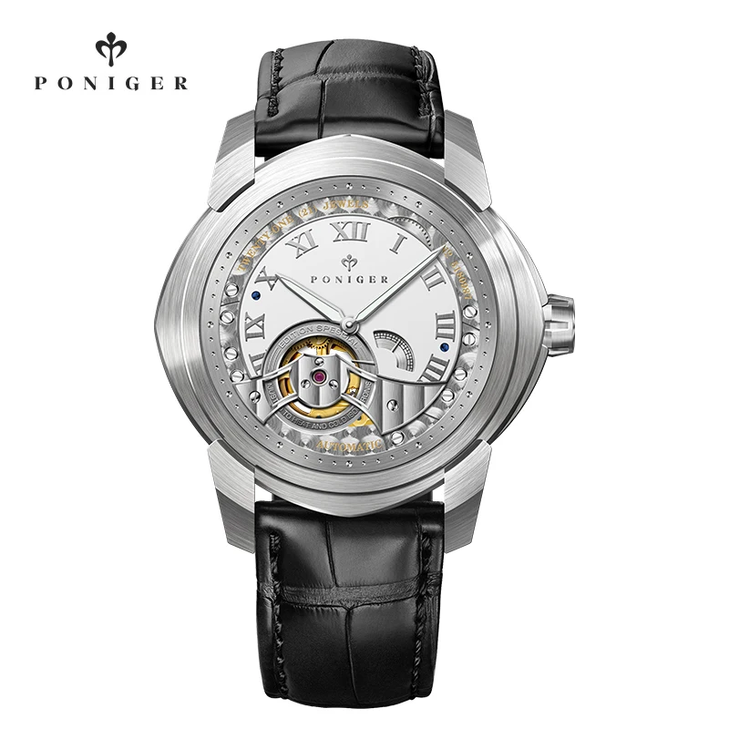 

PONIGER Original Brand 5ATM Waterproof Skeleton Mechanical Design Luminous Hands 45mm Automatic Watch For Men