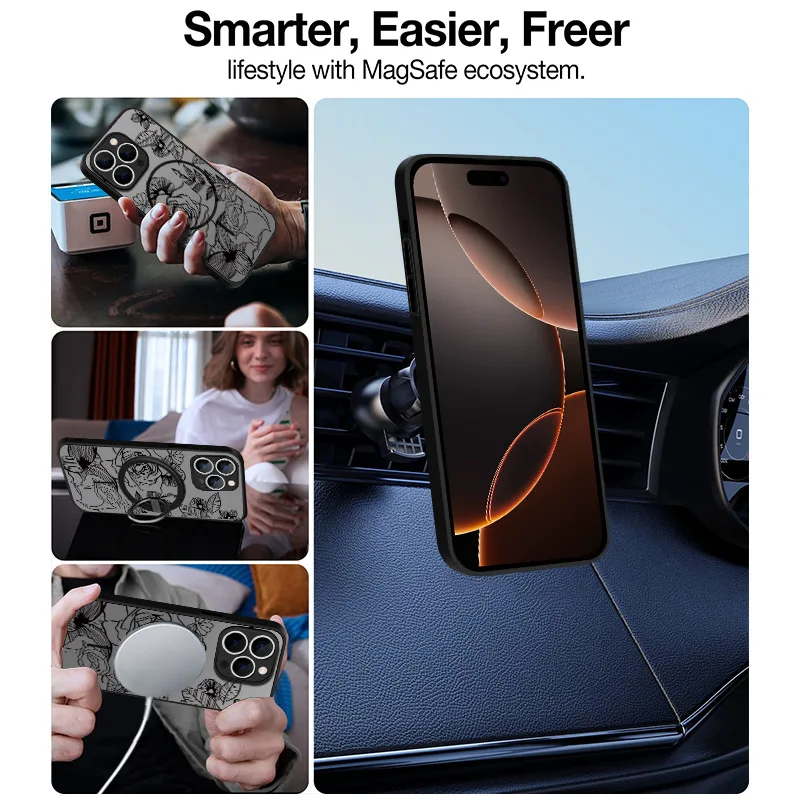 حافظة هاتف فلاور روز بلاك آرت، غطاء مغناطيسي رفيع لهاتف ابل ايفون 16 بلس برو ماكس #4