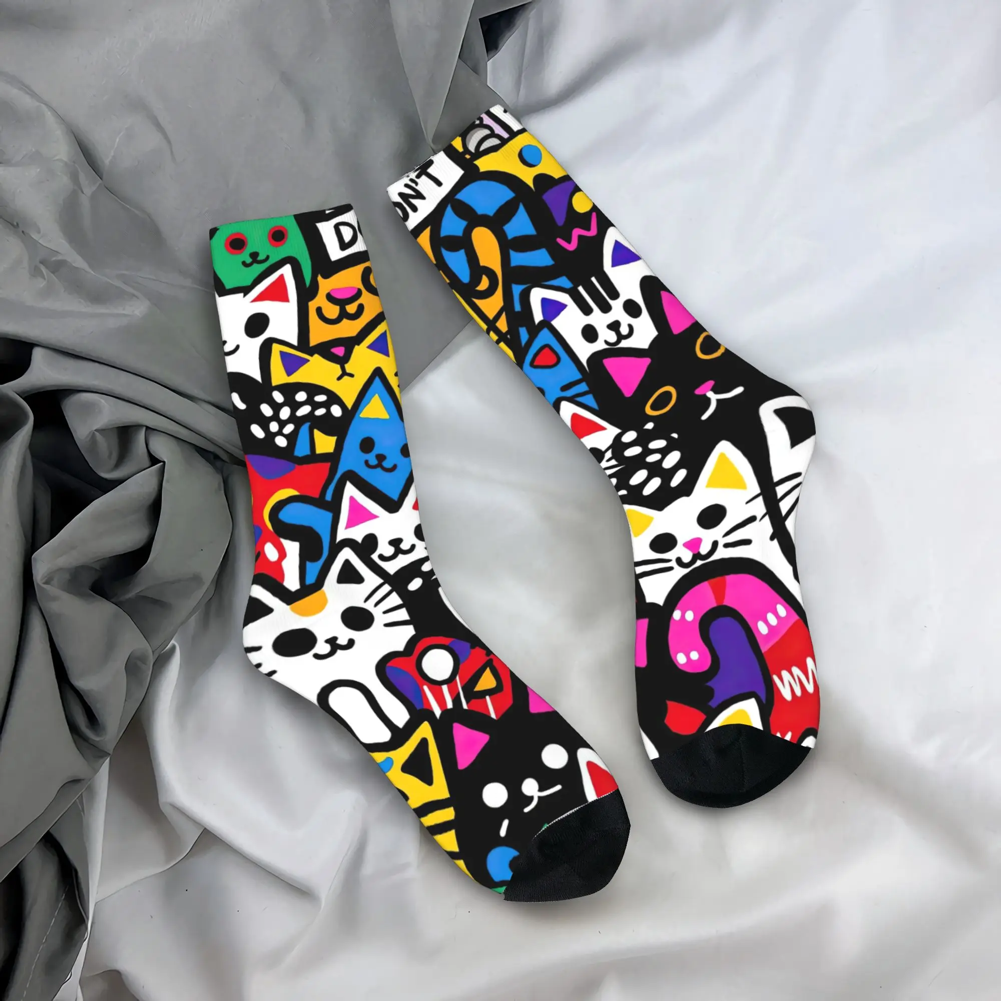 Graffiti Cat Abstract Socks  Graphic Stockings Anti Skid Adults Men Socks High Quality Autumn Casual Cycling Socks