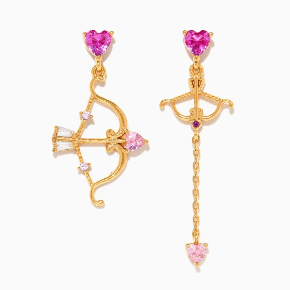 Asymmetrical Earrings New Exquisite Rose Zircon Love Heart Arrow Drop Earrings Fashion Temperament Elegant Women's Jewelry