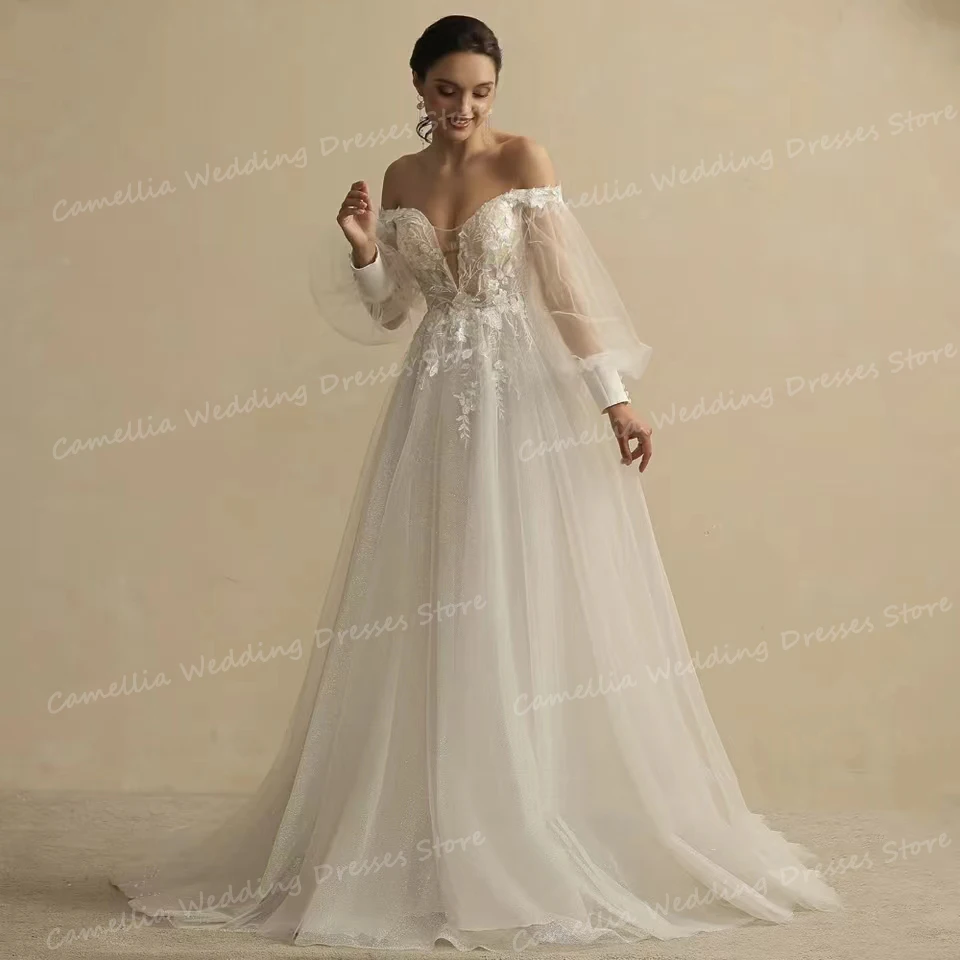 Vestidos de novia elegantes de manga larga para mujer, Vestidos de novia sexys de corte en A, escote Corazón, Espalda descubierta, hombros descubiertos, tul de encaje