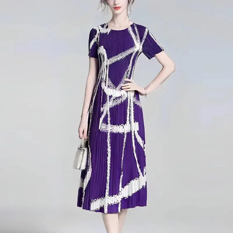 2025 Estate Nuovo Temperamento Gonna a pieghe oversize Moda donna Stampa O-Collo Manica corta Abito longuette Abito vintage da donna