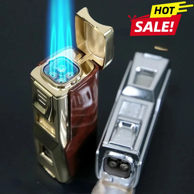 Metal Four Fire Lighter Direct Charge High Fire Inflatable Windproof Lighter with Cigar Knife and Cigar Holder Gift Box 2025