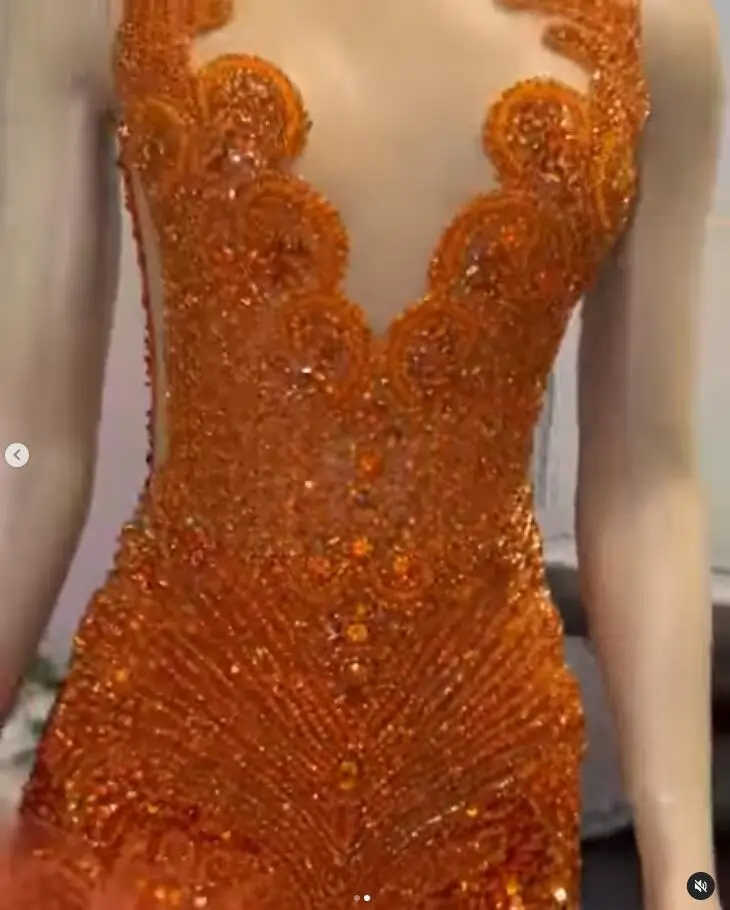 Orange Sparkly Long Prom Formal Dresses for Women 2024 Luxury Diamond Crystal Feather Slit Evening Birthday Gala Gown Black Girl