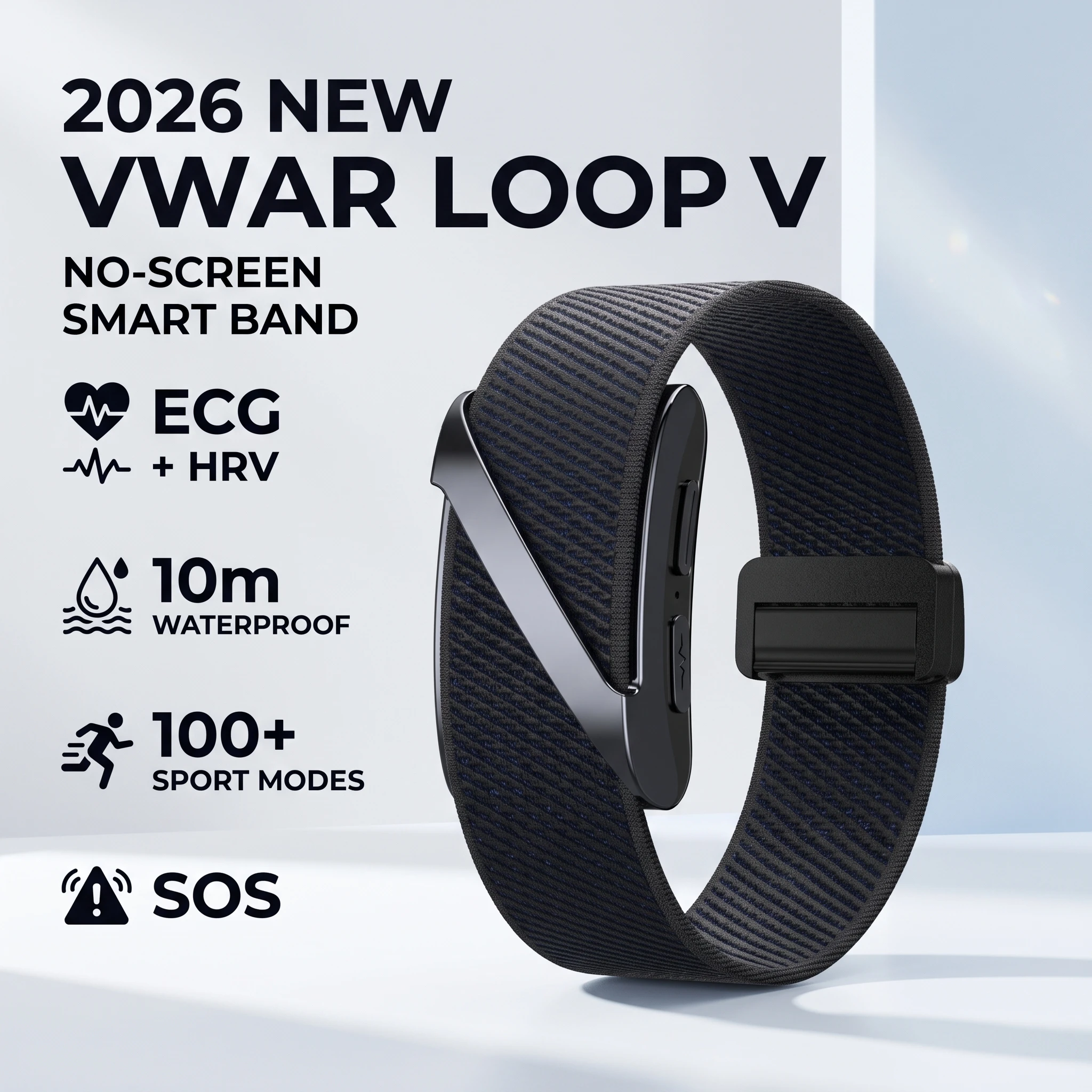 2026 New VWAR Loop V No Screen Smart Band ECG+HRV Health Monitor 10m Waterproof 100+ Sport Modes Fitness Tracker SOS Smart Watch