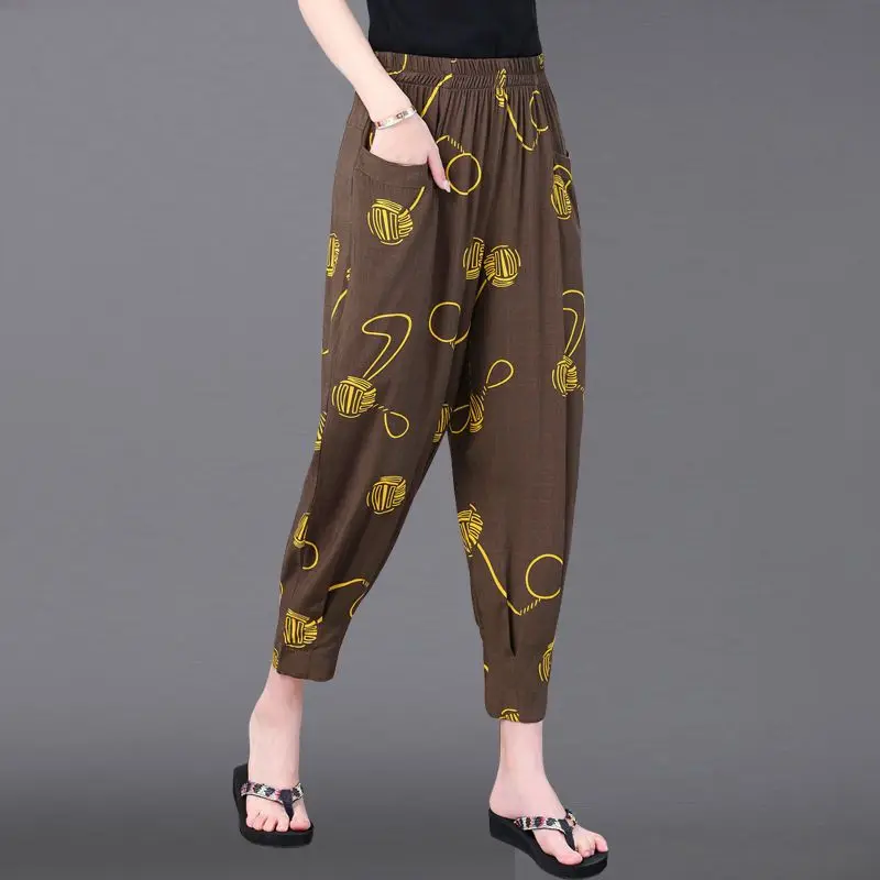 2023 New Summer Retro Art High Waist Printed Bloomers Fashion Thin Oversize Loose Casual Versatile Nine Cent Harem Pants