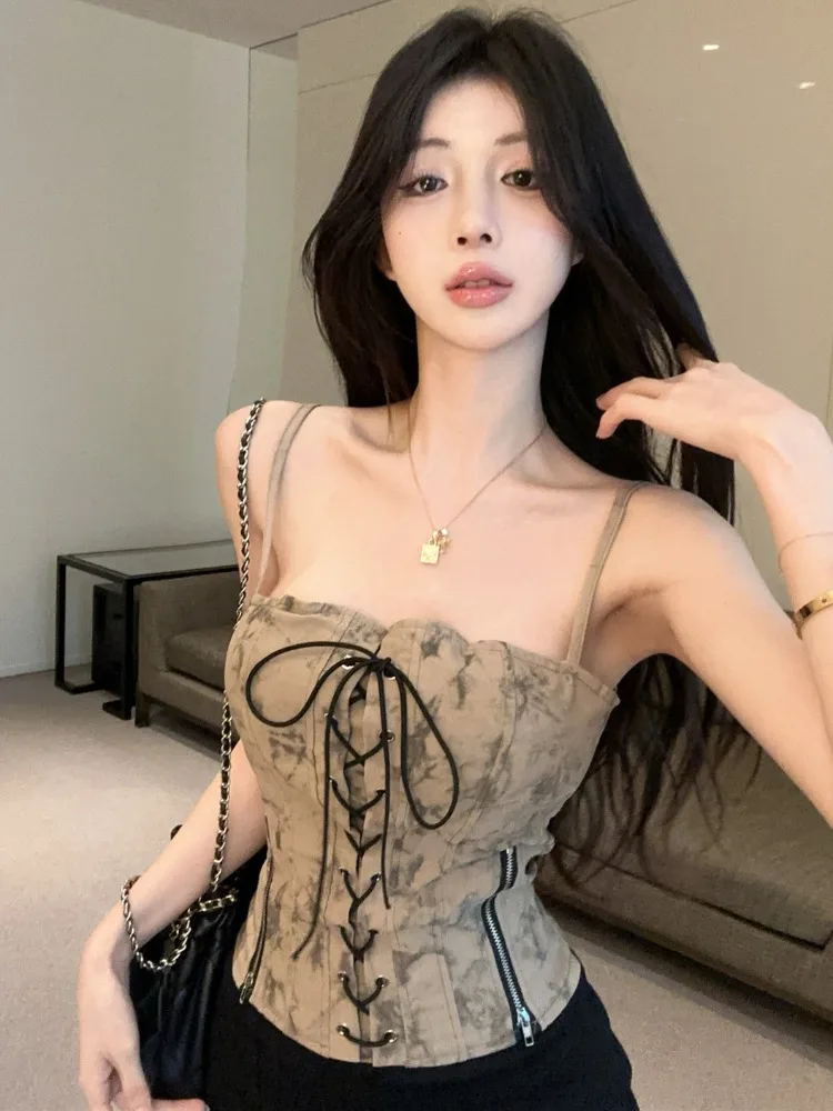 

American Street Style Tie-Dye Strapless Crop Top Women Summer New Spicy Girl Slim Fit Shoulder Exposure Short Shirt