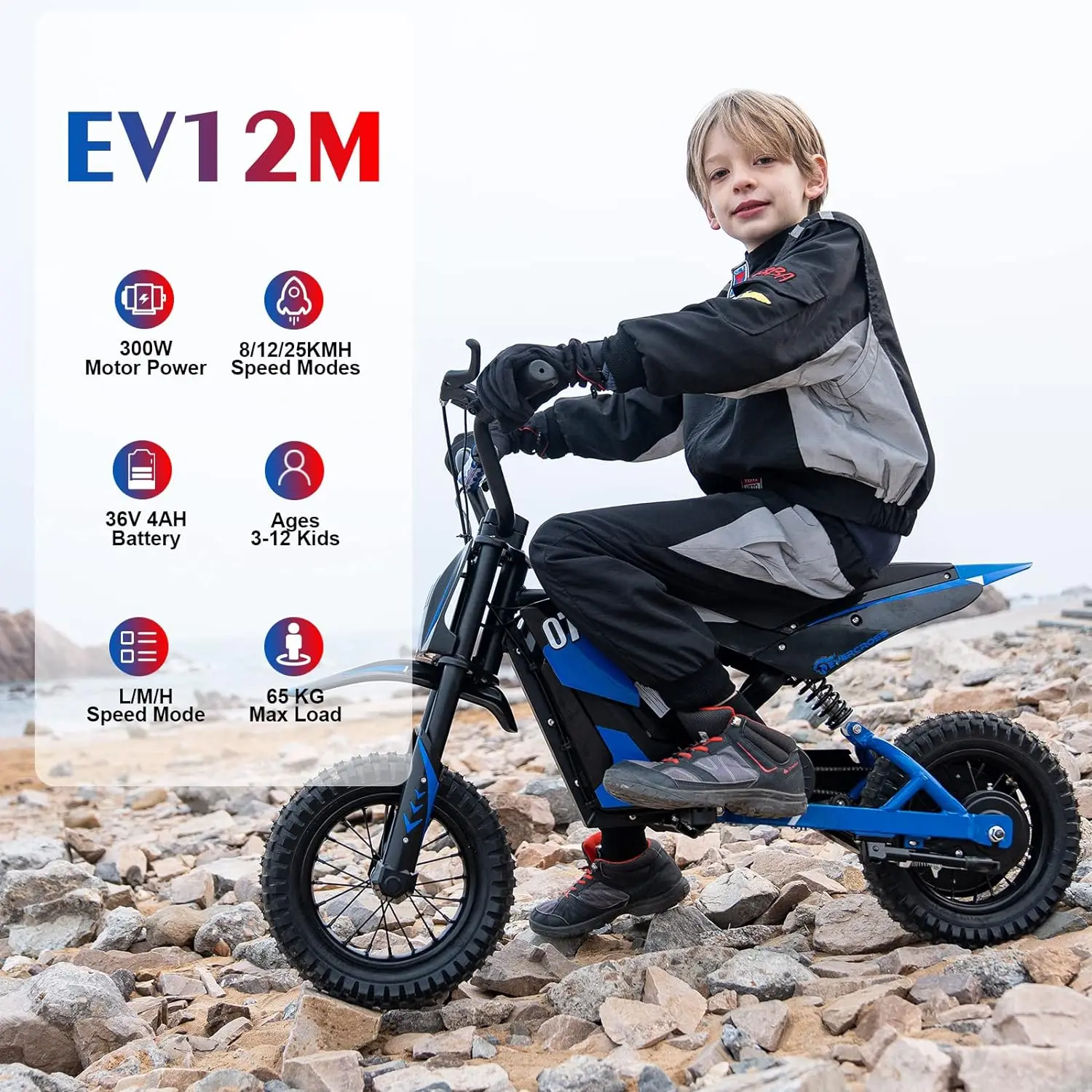 EV12M children's electric motorcycle, 300W engine electric motorcycle, 8/12/25 km/h speed mode, 15 km/h long, 12 inch tires, off