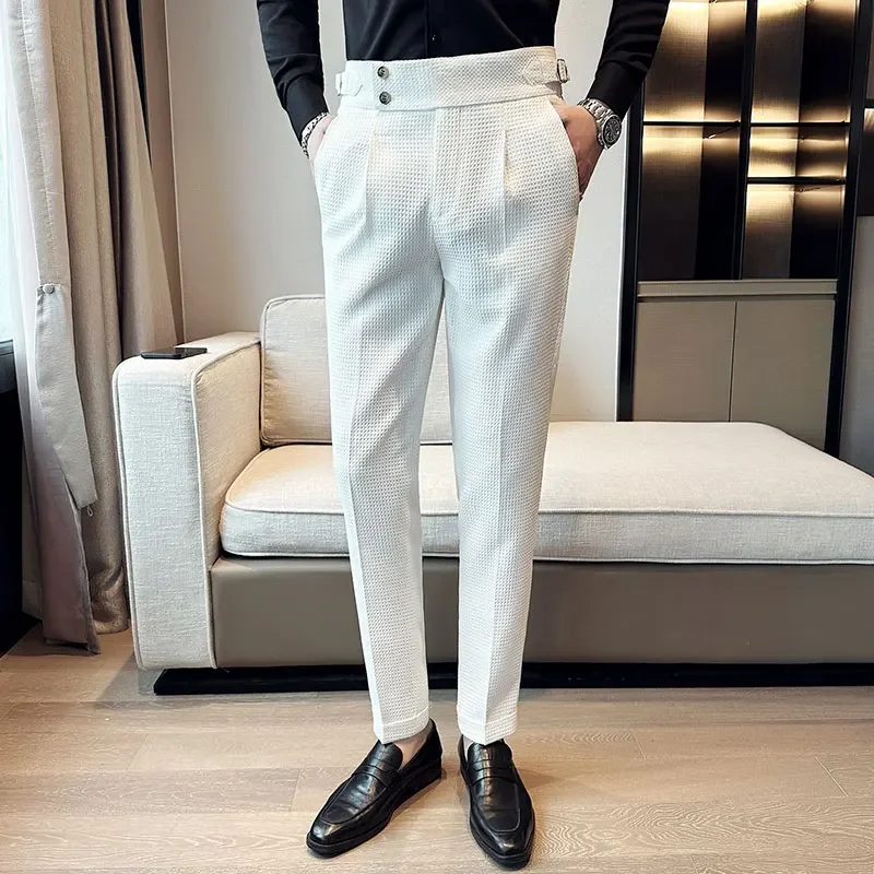 Autumn Winter Pantalones Hombre High waist Waffle Business Casual Suit Pants For Men Clothing Slim Fit Formal Wear Trousers 36