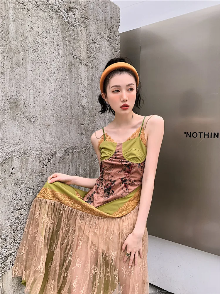 CHEERART Summer Slip Dresses For Women 2022 Backless Spaghetti Strap Patchwork Lace A Line Long Boho Dress Designer Clothing