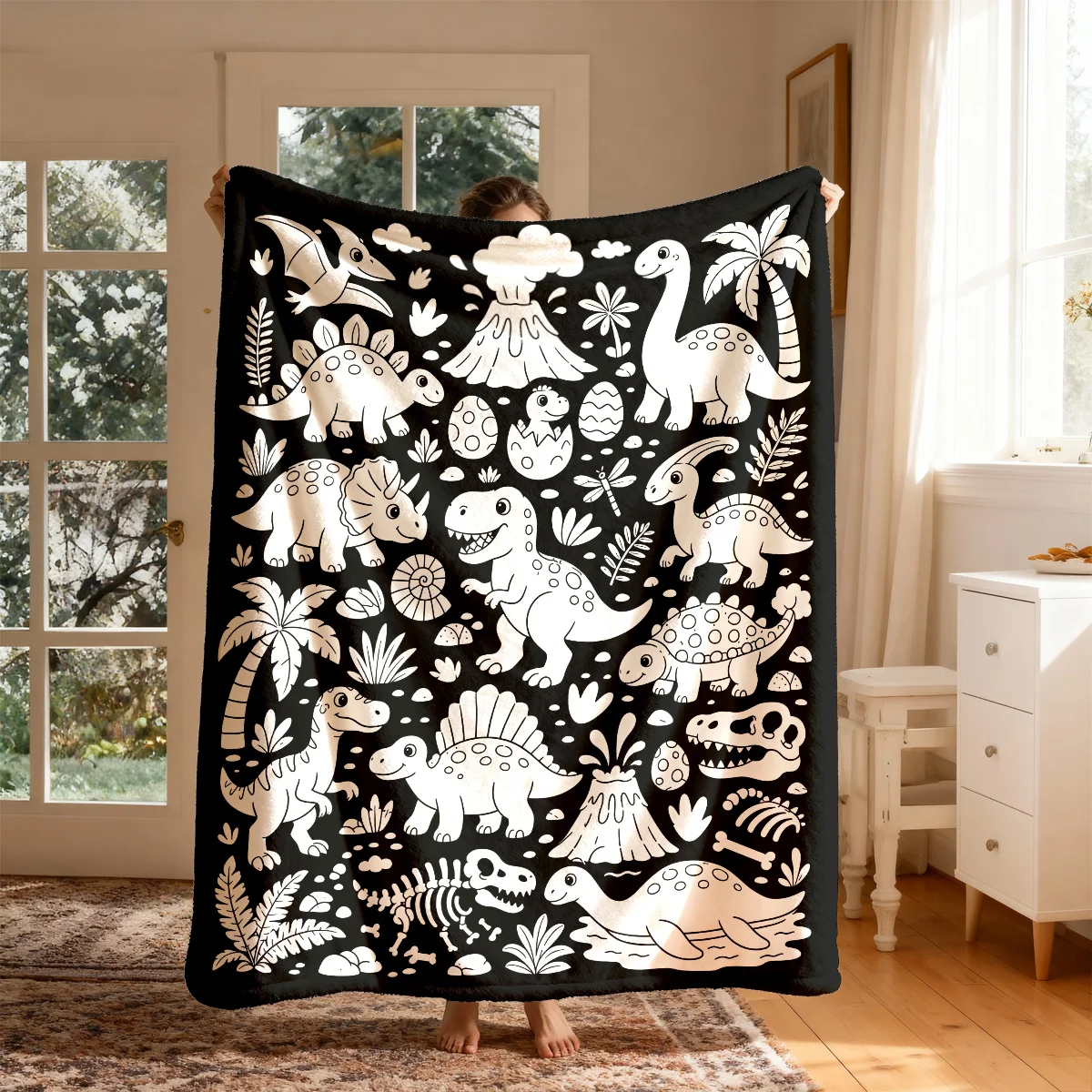 Dinosaur Print Throw Blanket Black Background Cute Jurassic Theme Nursery Decor Baby Kids Gift
