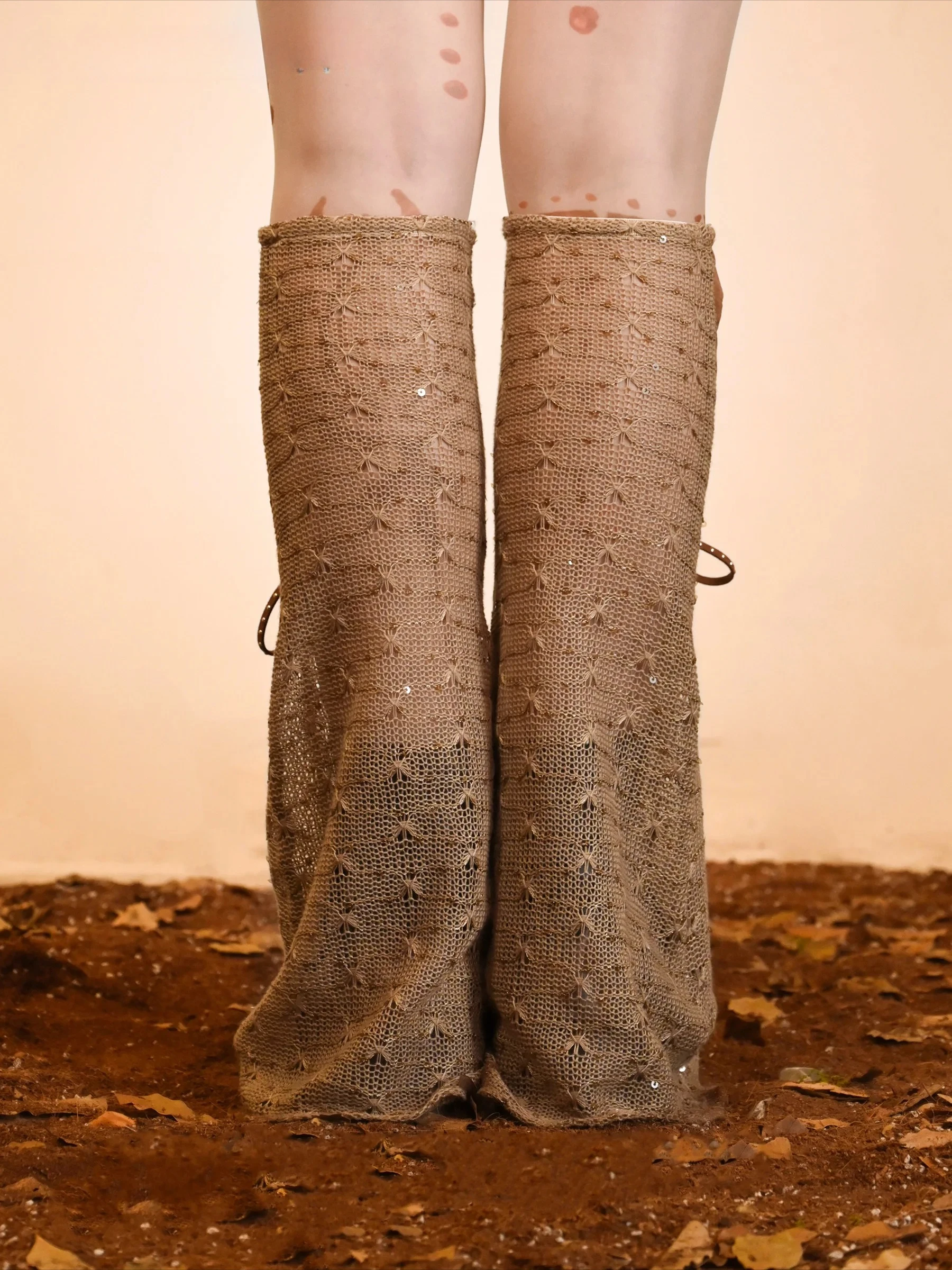 Original Retro Do Old Knitted Pu Splicing Strap Legwarmers Harajuku Style Gothic Spice Girl Thigh High Socks Y2K Leg Warmers