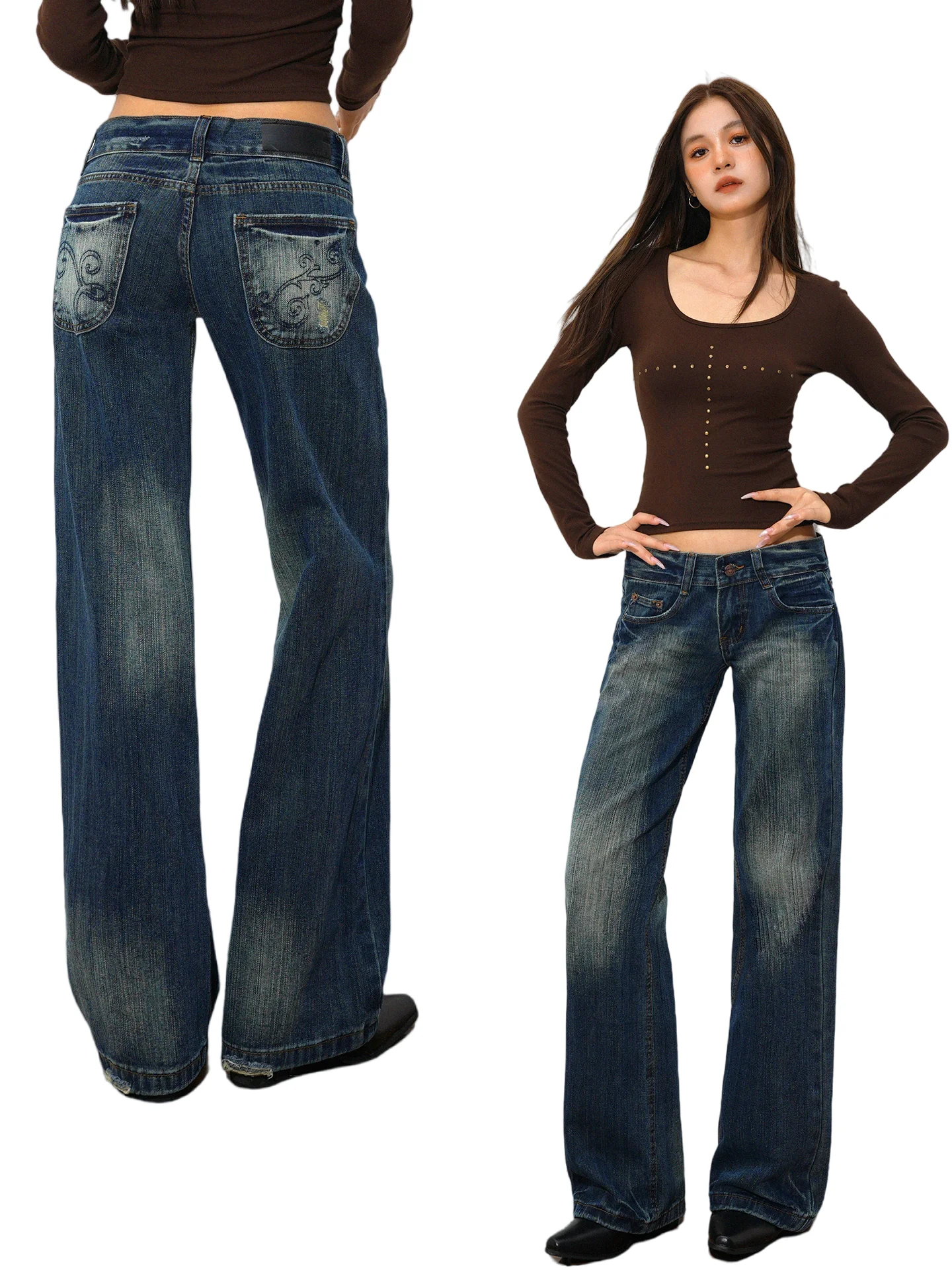 

Американский Sle с низкой талией, винтажные женские сексуальные узкие прямые джинсы с тяжелой вышивкой, хлопковые повседневные четыре сезона