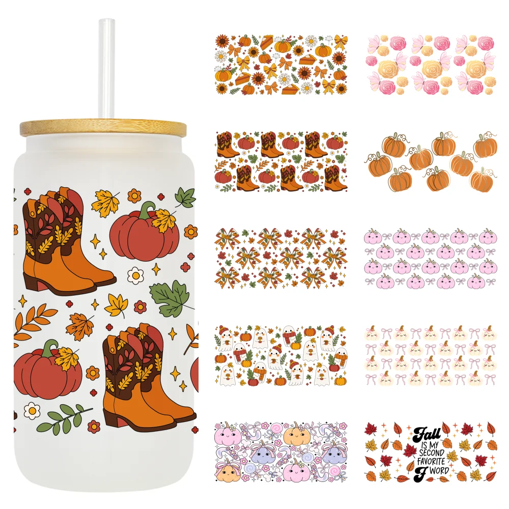 

Fall Pumpkin Bow Autumn Girly UV DTF Stickers Ready To Transfer Cup Wrap Custom Labels DIY Craft For Libbey Can Glass Tumblers