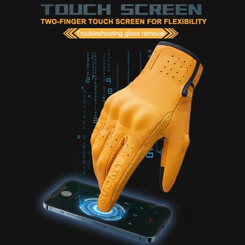 Suomy Vintage Yellow Real Goatskin Leather Motorcycle Gloves Breathable Touchscreen Full Finger Motorbike Glove Anti‑Wear Biker