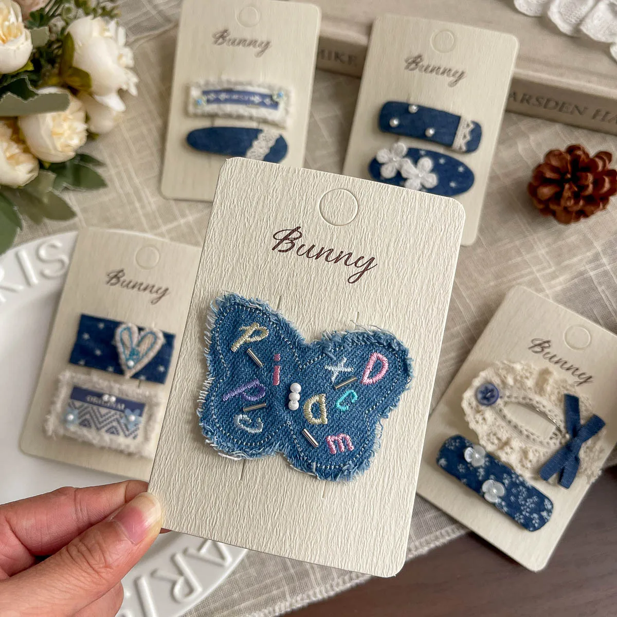 Hair Clips Spring New Denim Tone Butterfly Design High Quality Sturdy Base Girls Hair Ornaments for Back Head Broken Hair Trendy