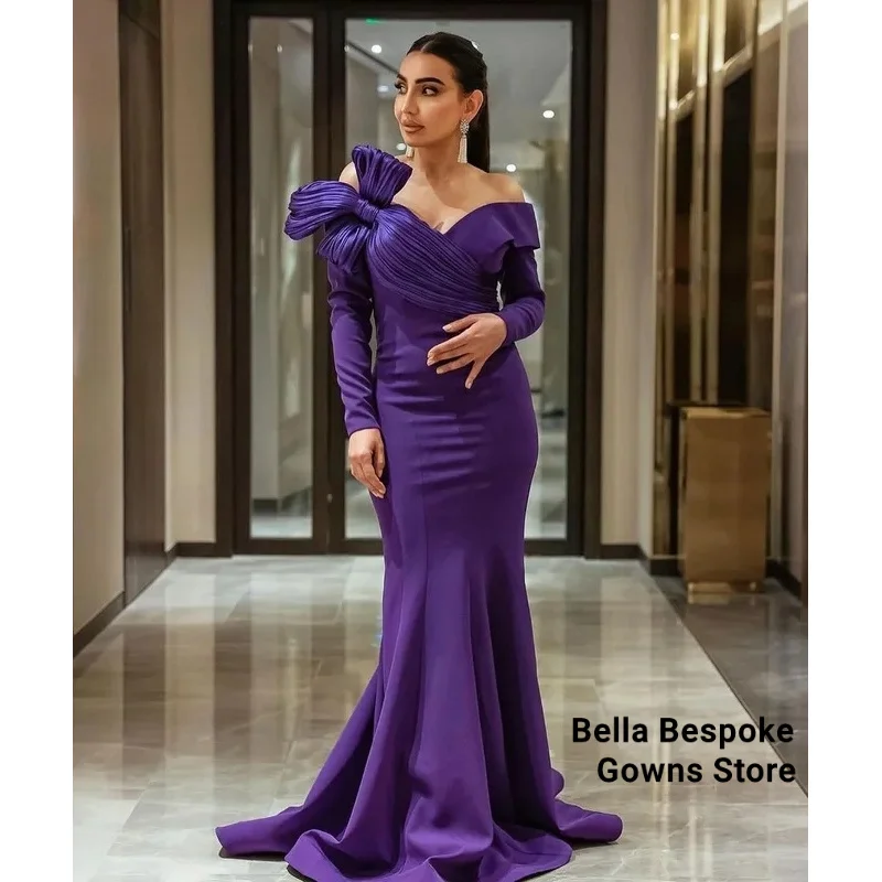 

Customized Purple Evening Gown Bridal Pleated Bow Off Shoulder Long Sleeves Elegant Cocktail Dress Formal Prom Dresses for Women
